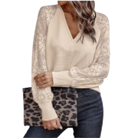 Trendy Queen Tops - TRENDY QUEEN cream ribbed v neck lace sleeve long sleeved women's top large size